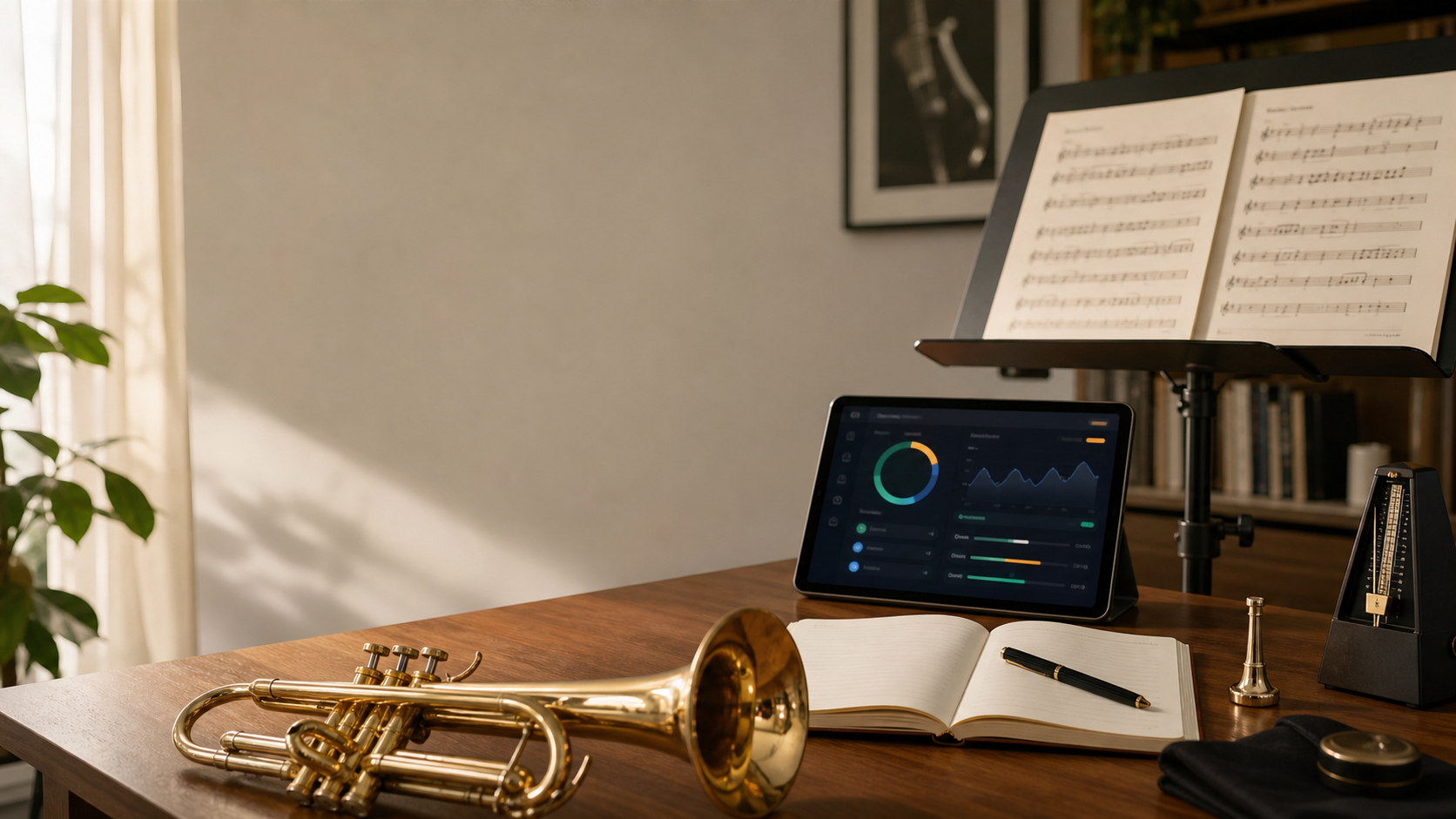 Ambiente de estudo musical com instrumento de metal e partitura.